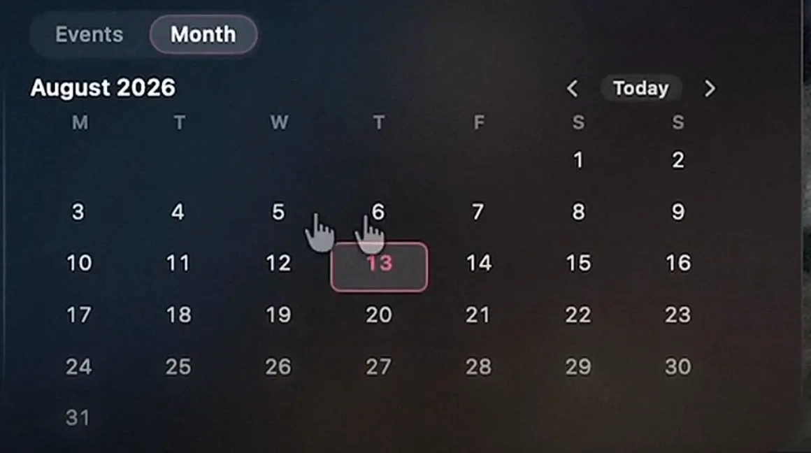 The calendar section in the notch showing an August 2026 month grid with today highlighted, and Events and Month tabs