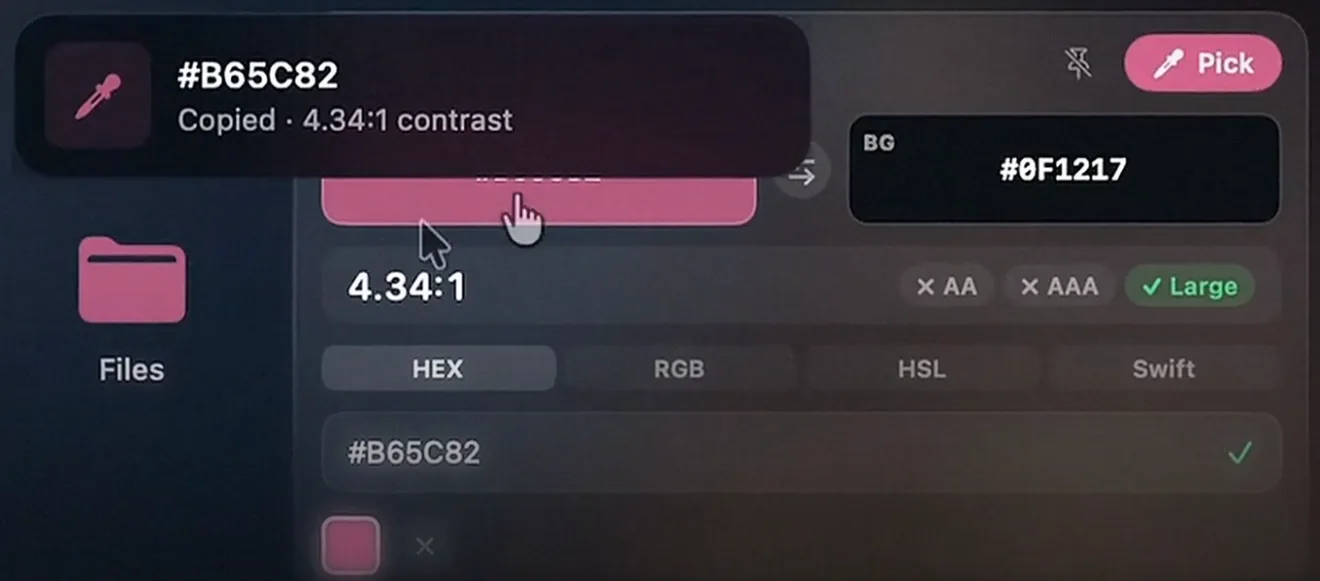 The colour section showing #B65C82 copied with a 4.34 to 1 contrast ratio, AA and AAA badges, and HEX, RGB, HSL and Swift tabs