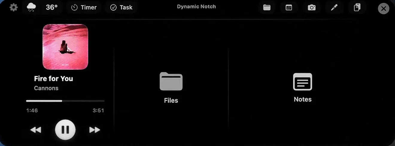 The Dynamic Notch panel showing album art, track title, a scrubber and play controls next to the Files and Notes sections