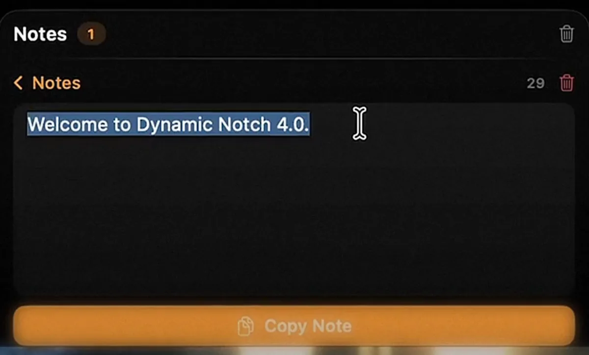 A note reading "Welcome to Dynamic Notch 4.0." open in the notch, with a Copy Note button below it