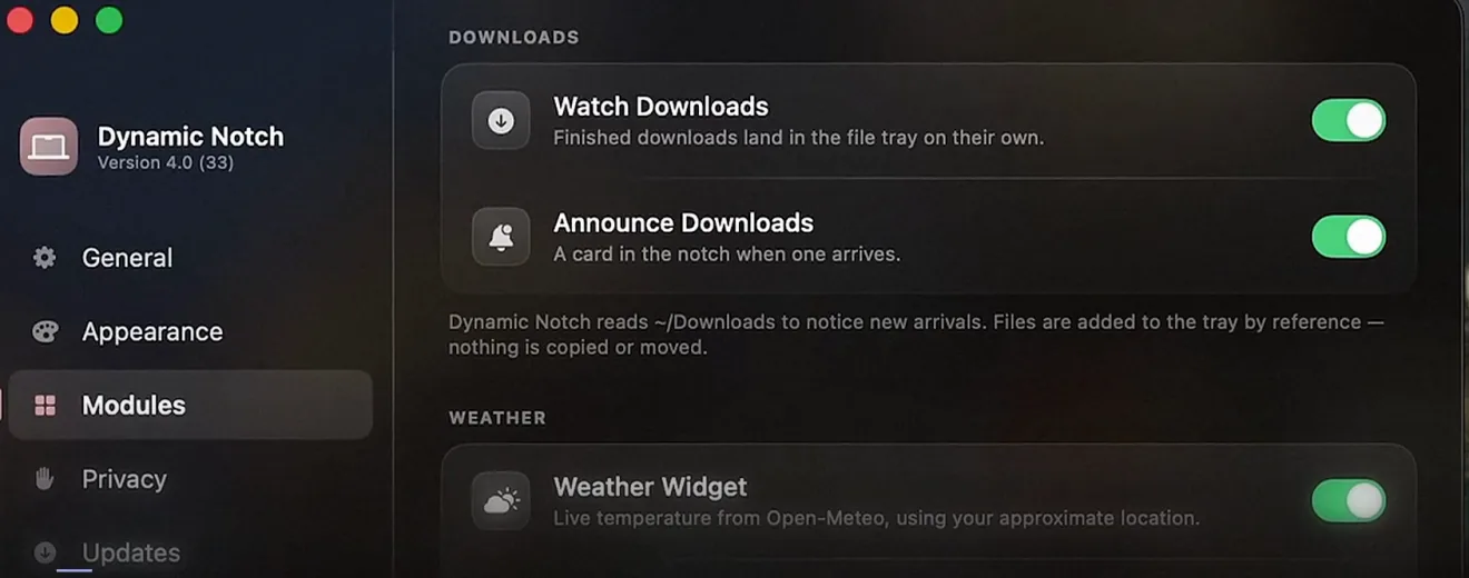 Dynamic Notch 4.0 settings, on the Modules tab, with switches for Watch Downloads, Announce Downloads and the Weather Widget