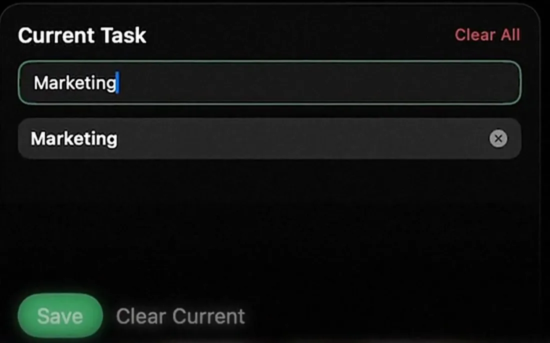 The Current Task panel in the notch with a task named Marketing, and Save and Clear Current buttons