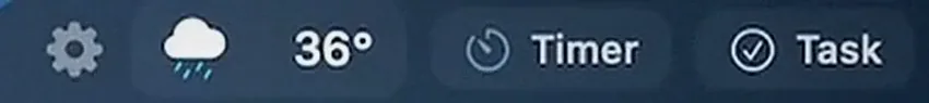 The notch toolbar showing 36 degrees with a rain icon, next to the Timer and Task buttons
